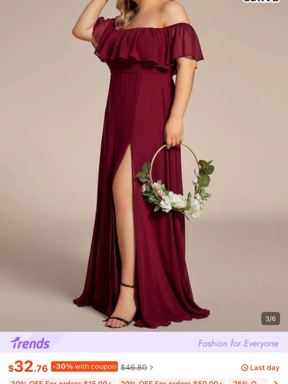 NWOT, 4XL/20 SHEIN Curve, Women's Burgundy Off-Shoulder Maxi Dress - Picture 11 of 13